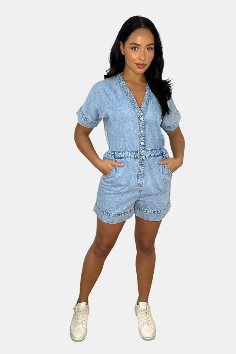 100% Cotton Sky Blue Denim Plunge Neckline Playsuit