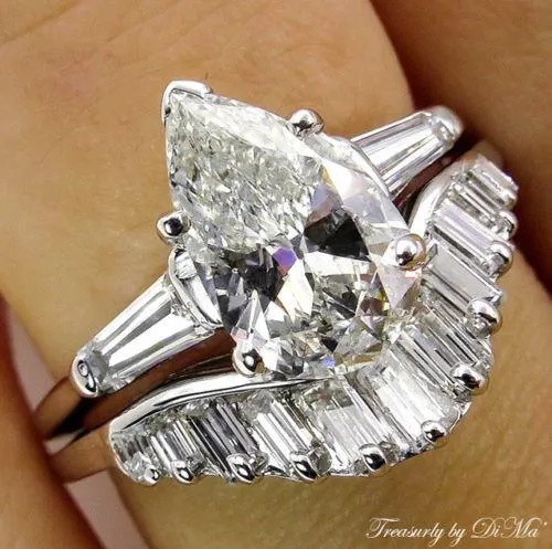 2.44CT ESTATE VINTAGE PEAR SHAPED DIAMOND ENGAGEMENT WEDDING RING SET