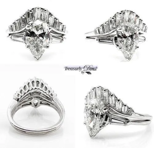 2.44CT ESTATE VINTAGE PEAR SHAPED DIAMOND ENGAGEMENT WEDDING RING SET