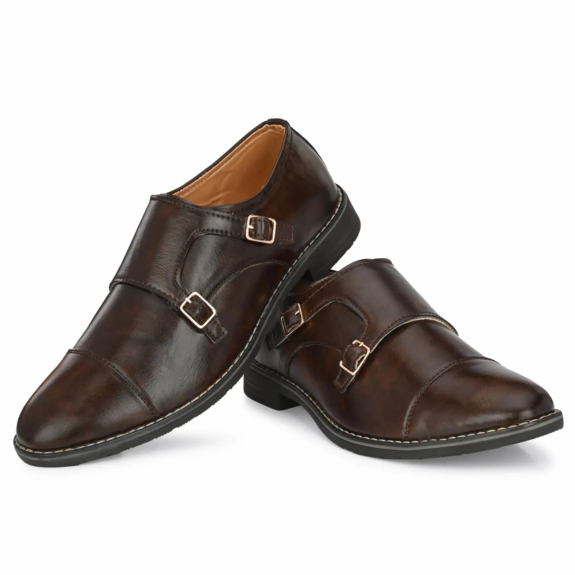 Attitudist Unisex Handcrafted Brown Double Monk Strap Formal Loafer Shoes With Cap Toe