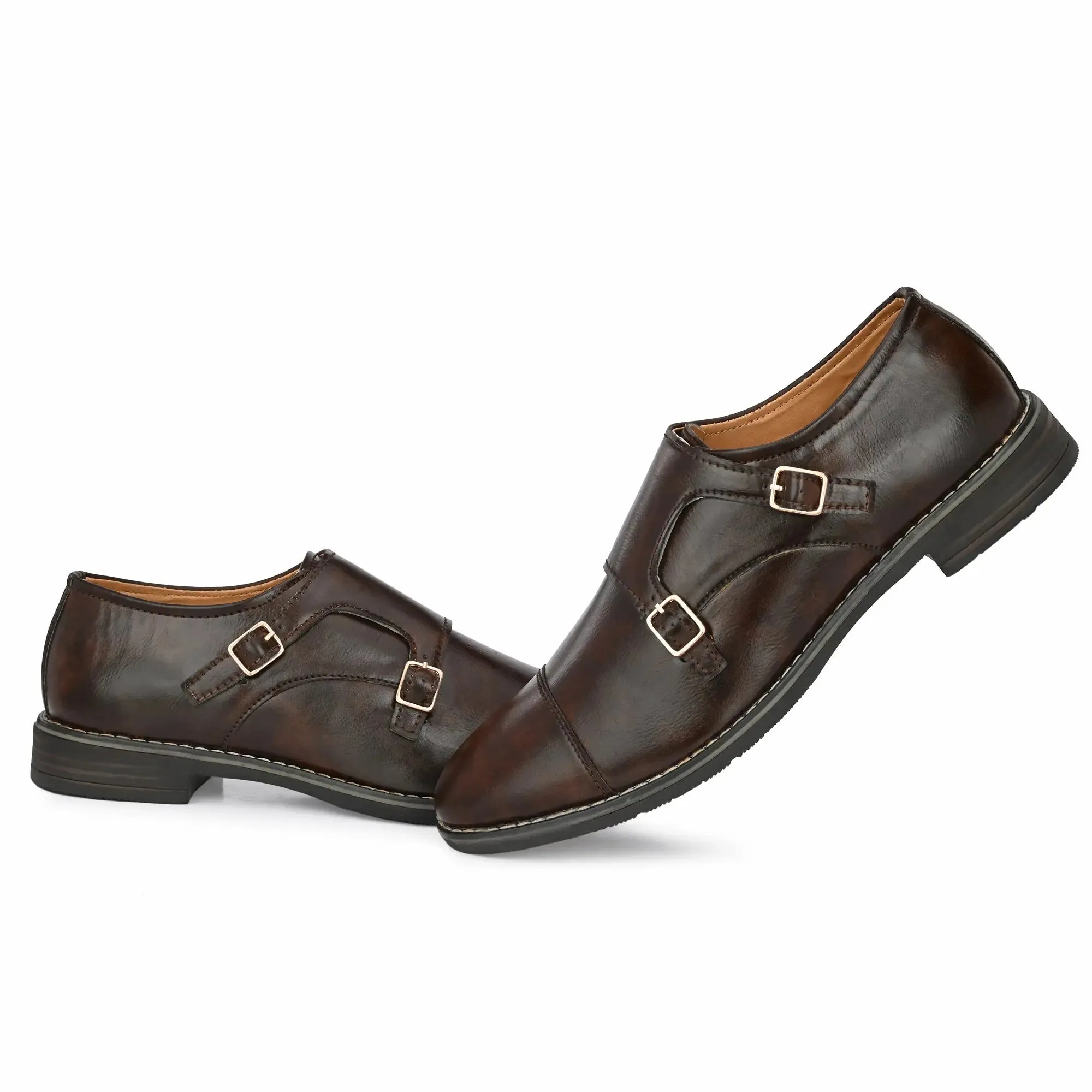 Attitudist Unisex Handcrafted Brown Double Monk Strap Formal Loafer Shoes With Cap Toe