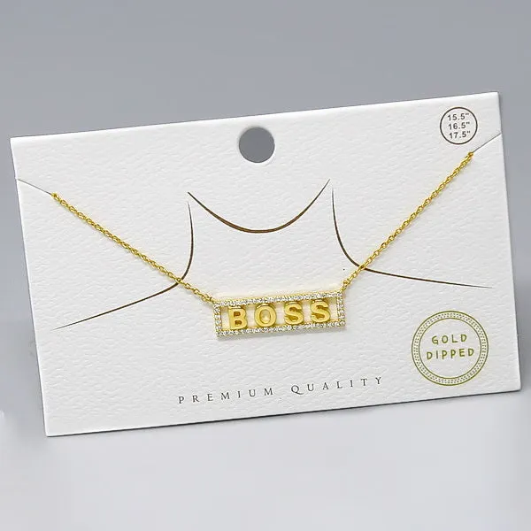 BOSS CZ Pave Name Plate Pendant Gold Dipped Necklace