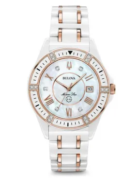 Bulova Womens Marine Star Watch - White Ceramic - Diamonds - Rose Gold-Tone