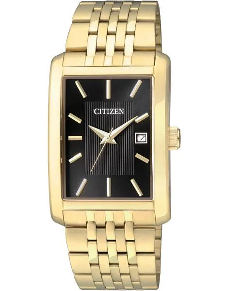 Citizen Quartz Mens Gold-Tone Date Watch - Black Dial - Bracelet - 30 Meter WR