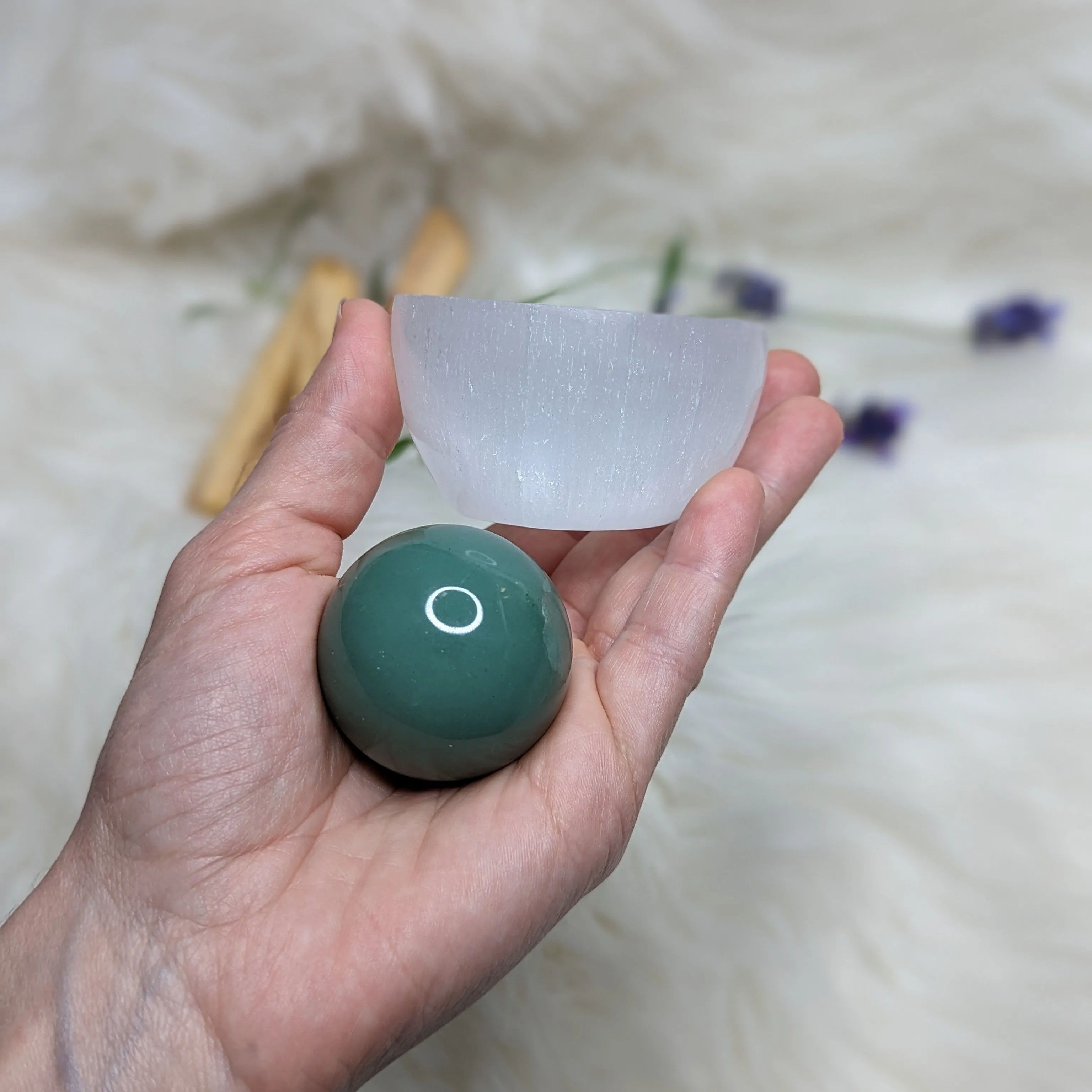 Crystal Set- Selenite Charging Bowl   Green Aventurine Sphere