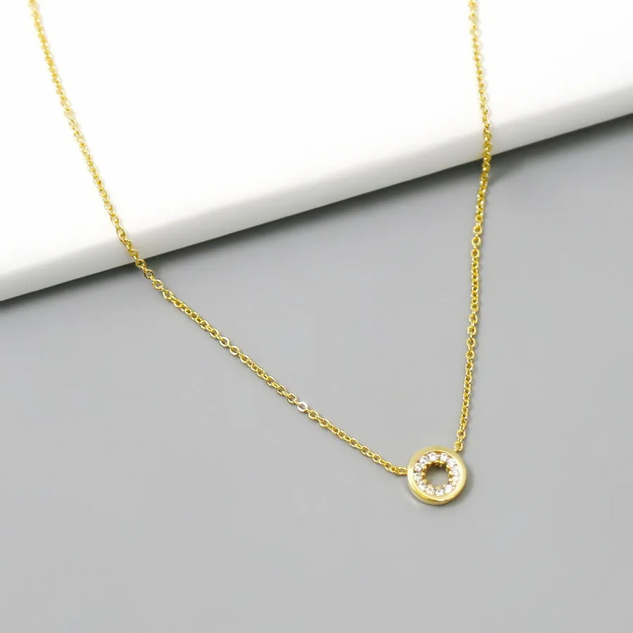 CZ Pave Circle Pendant Short Chain Necklace