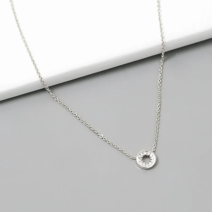 CZ Pave Circle Pendant Short Chain Necklace