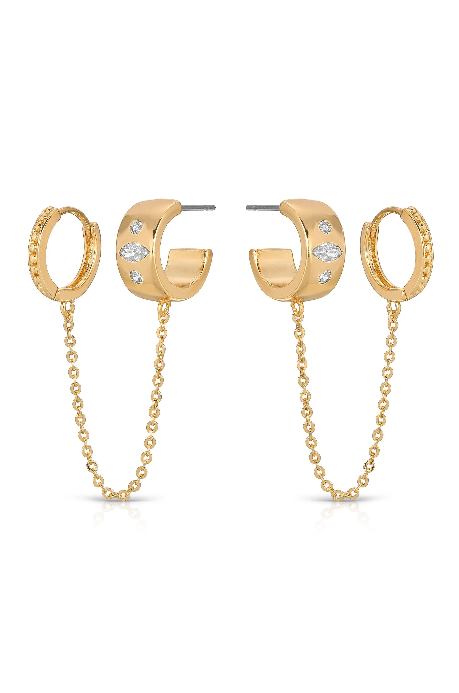 Double Piercing Bezel Crystal 18k Gold Plated Dangle Earrings