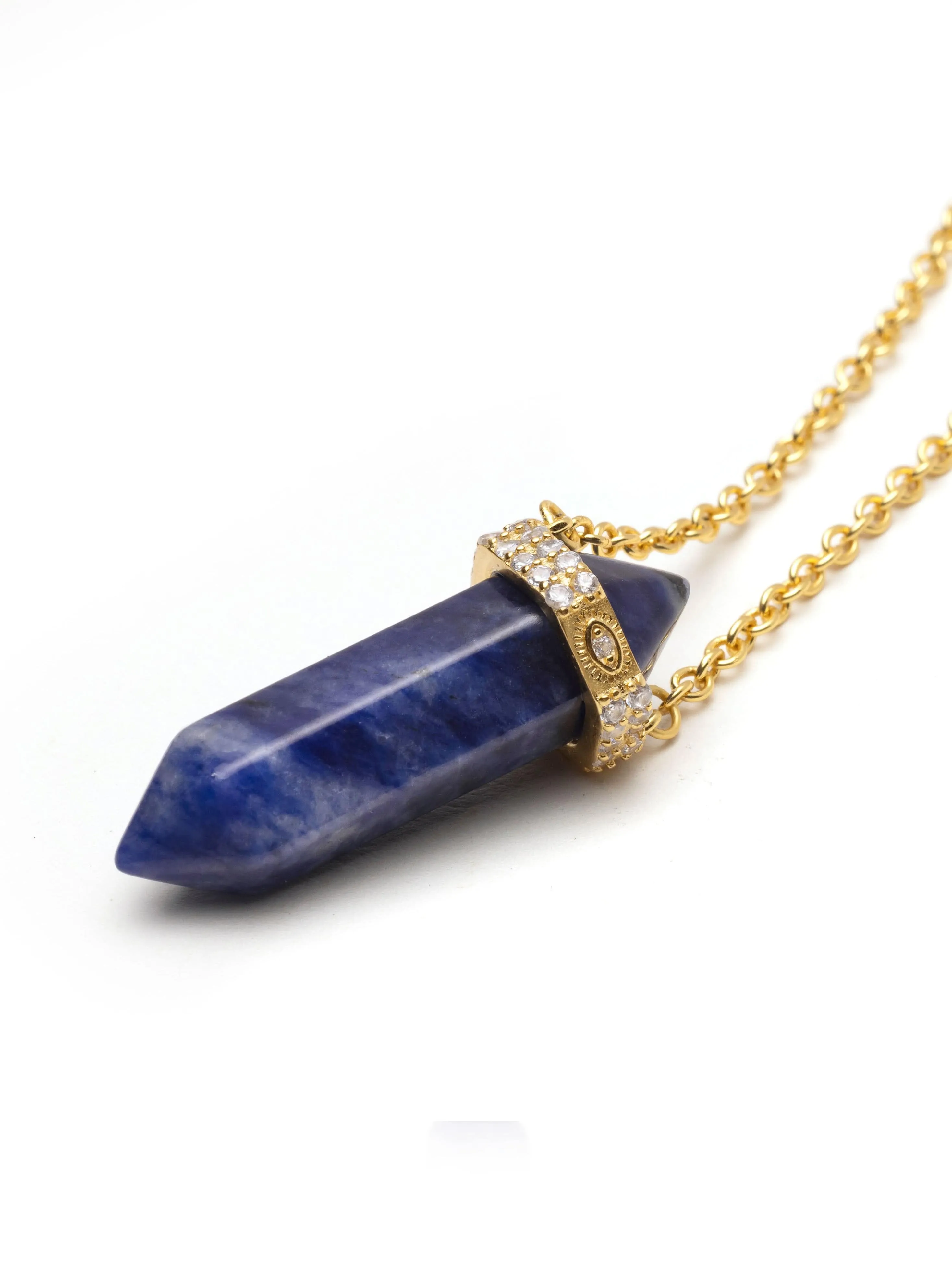 Dumortierite Crystal Necklace with Engraved Evil Eye Detail