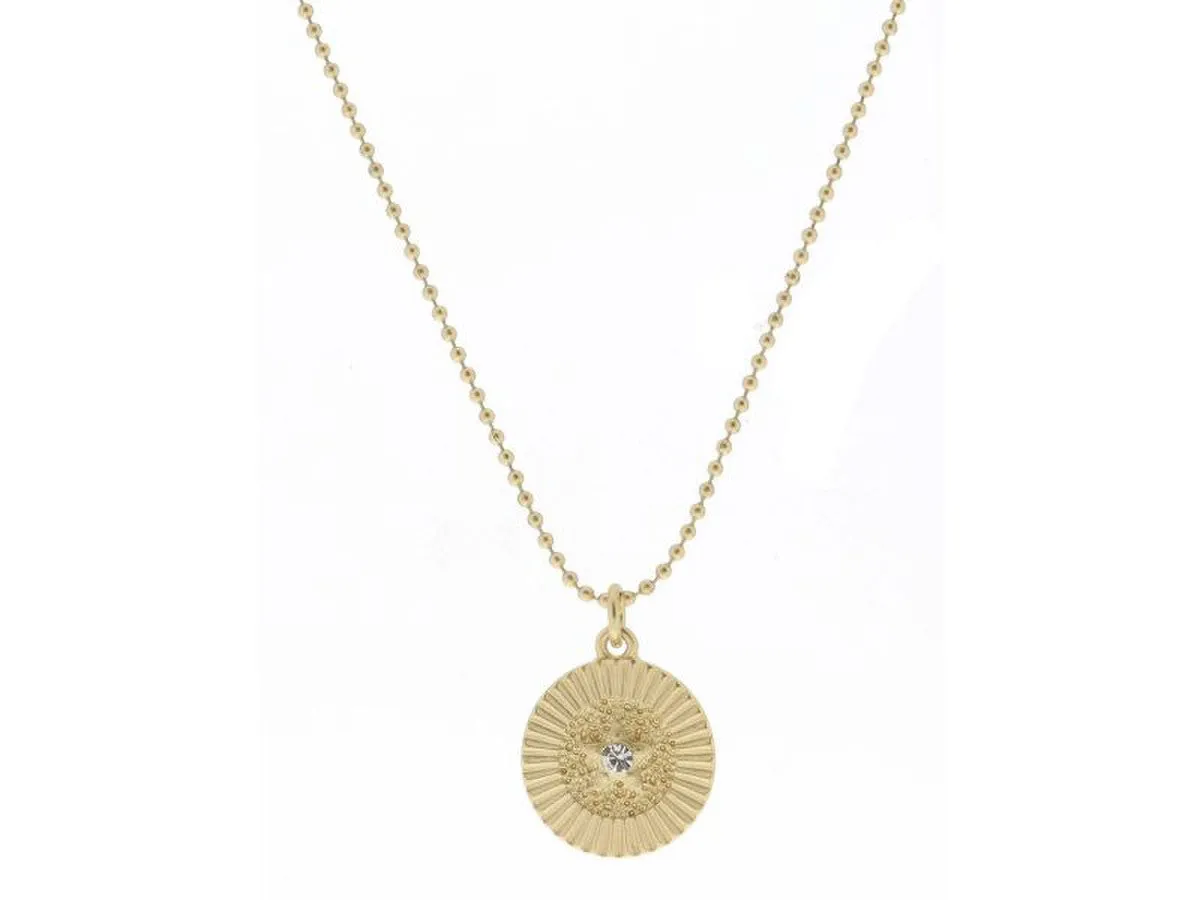 Gold Textured Disc with Star and Crystal Center Necklace