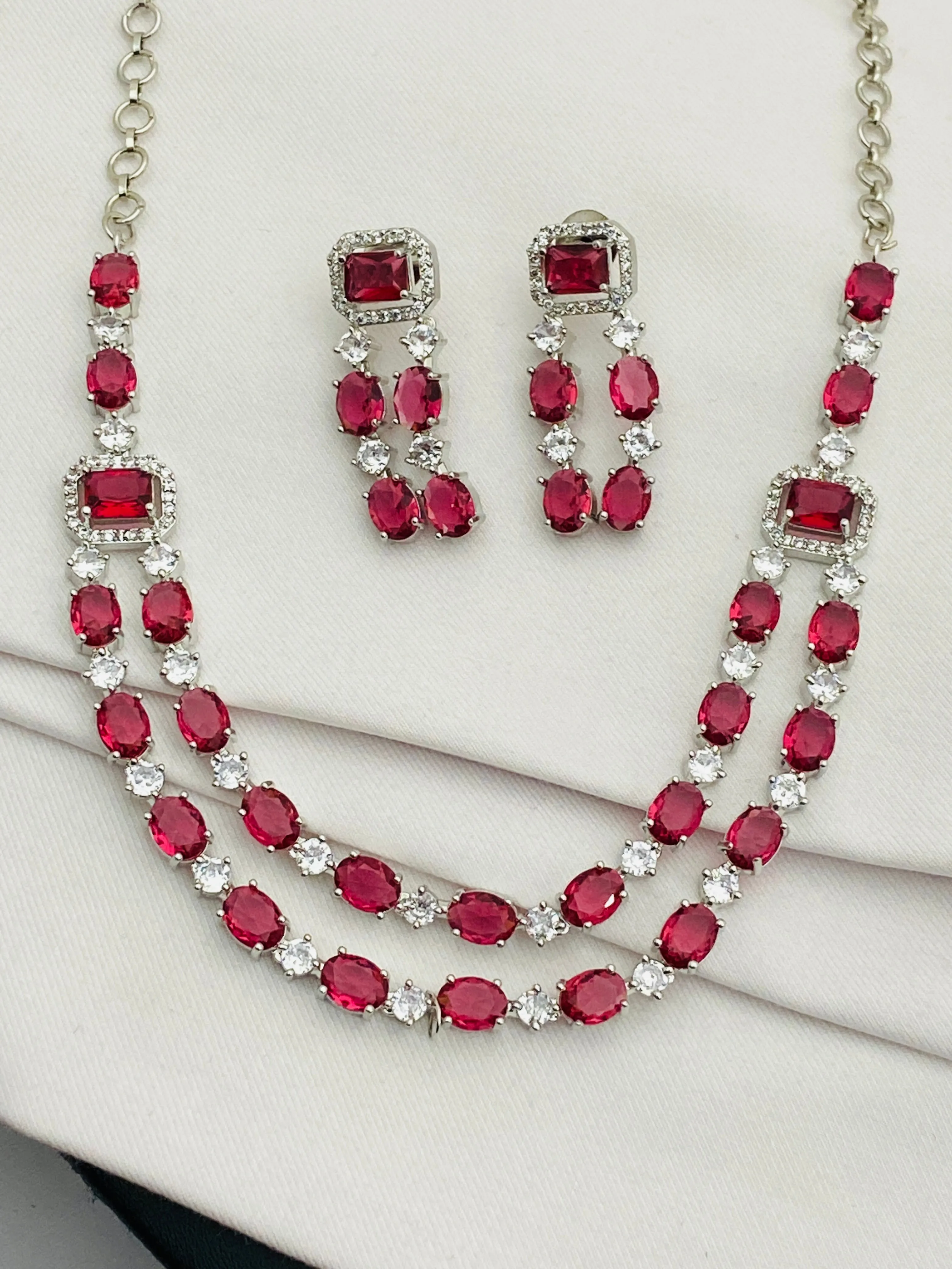 Gorgeous Ruby Stoned American Diamond Necklace With Earrings