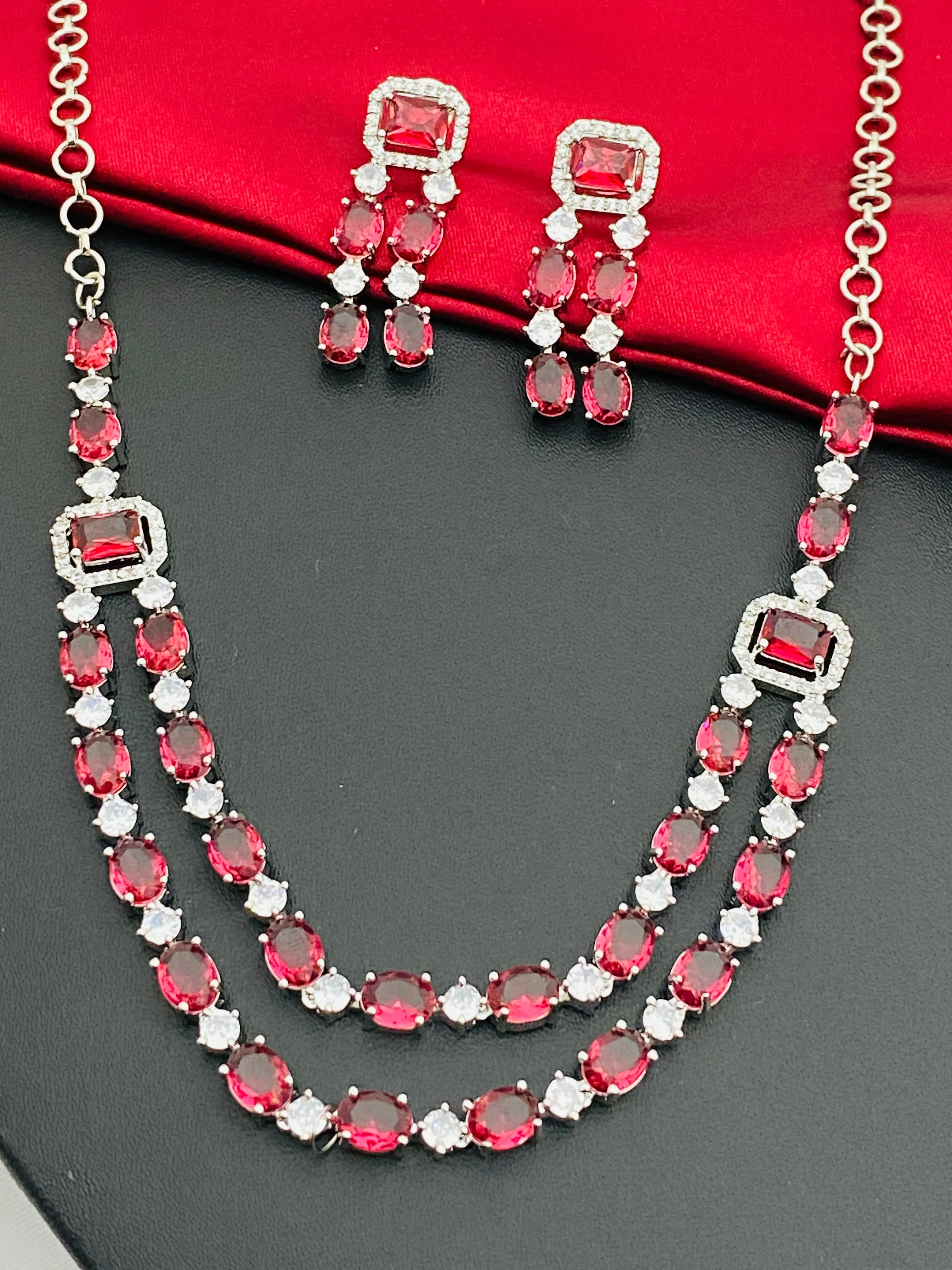 Gorgeous Ruby Stoned American Diamond Necklace With Earrings