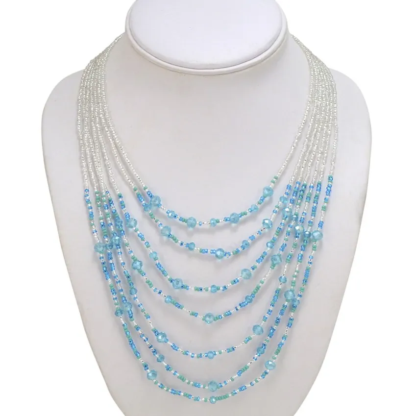 Hand Beaded Necklace - Shimmering Light Blue and Crystal