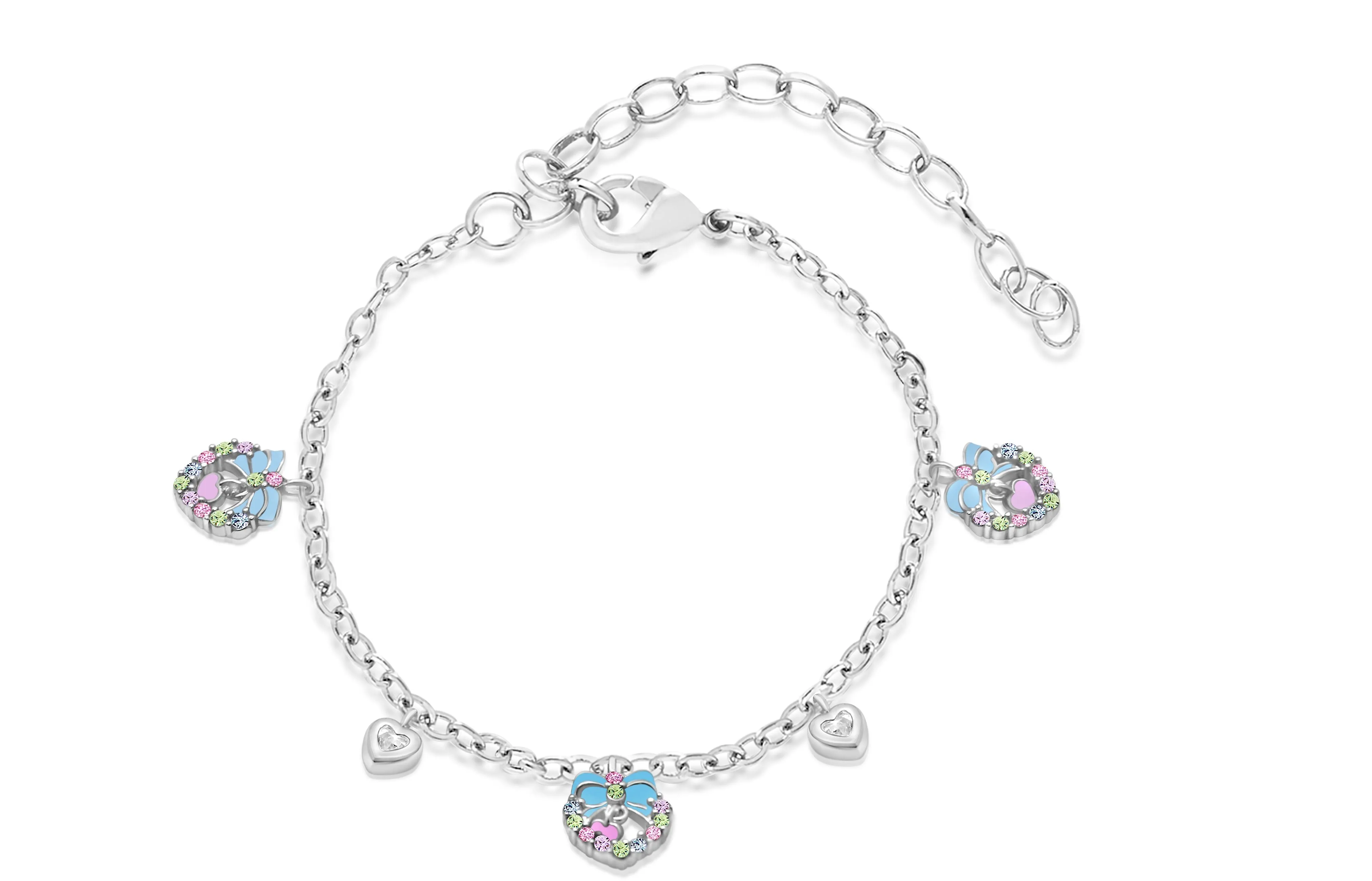 Heart Pink Ribbon Blue Multi-colored Crystal Palladium Plating Girls Charmed Bracelet