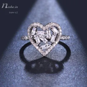 Heart Shape Silver CZ Crystal Hollow Out Design Ring (Size 6)