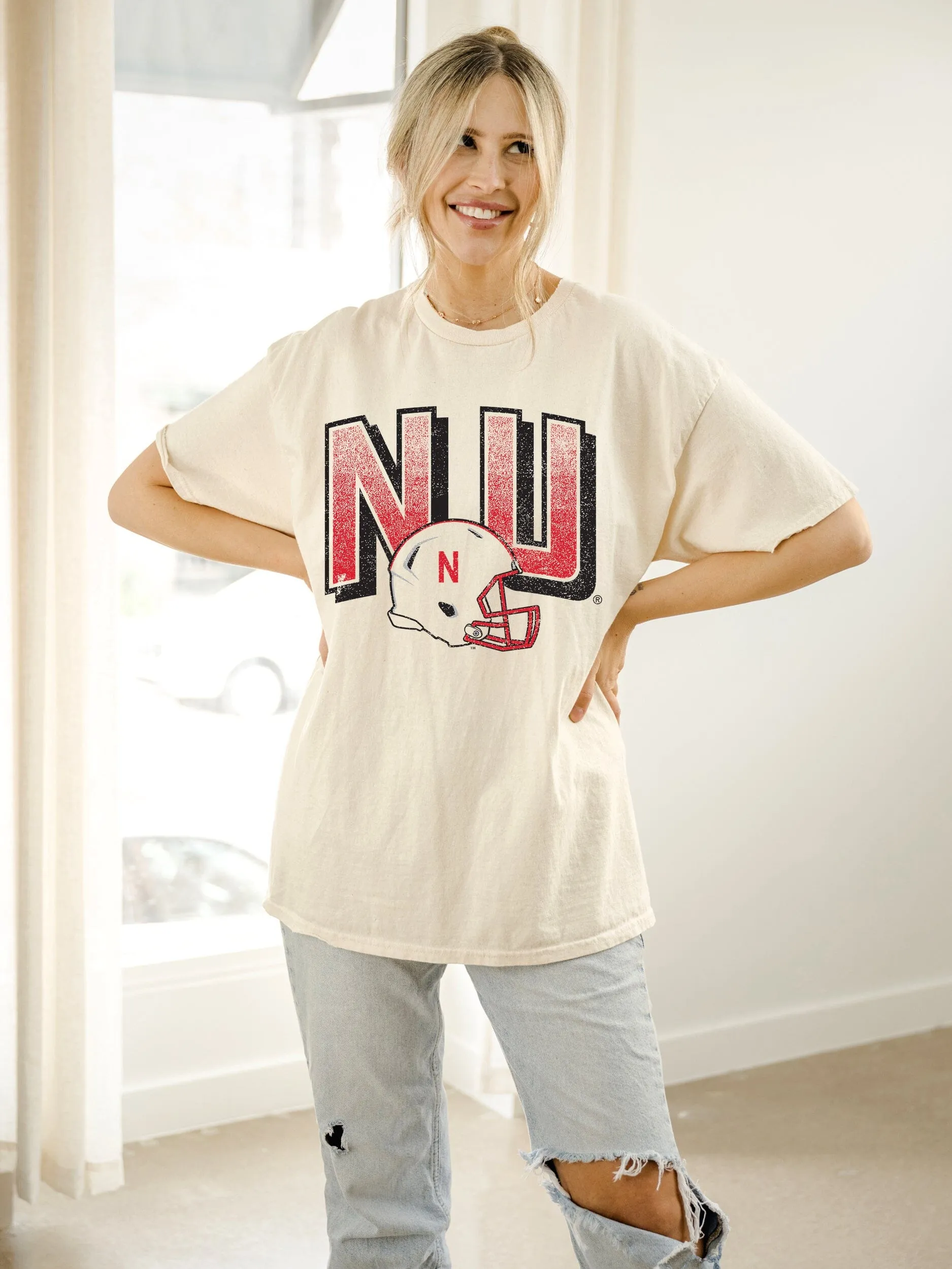 Nebraska Huskers Helmet Fade Off White Thrifted Tee