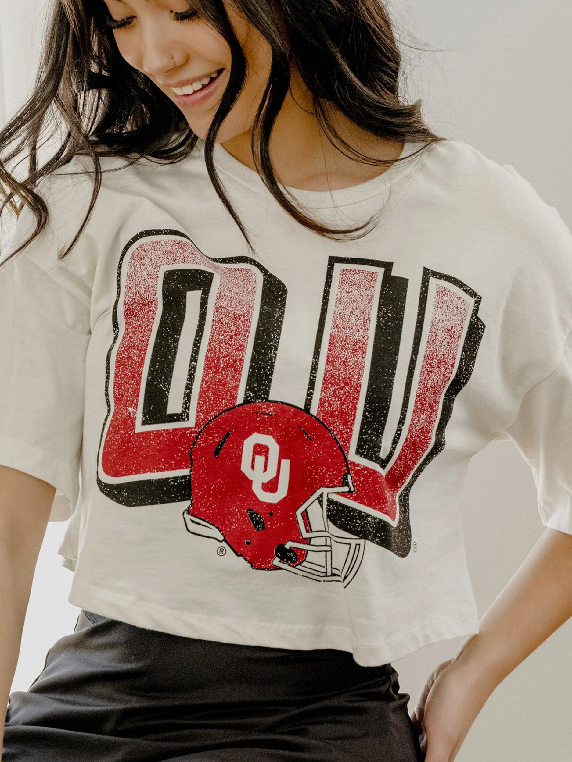 OU Sooners Helmet Fade Off White Cropped Tee