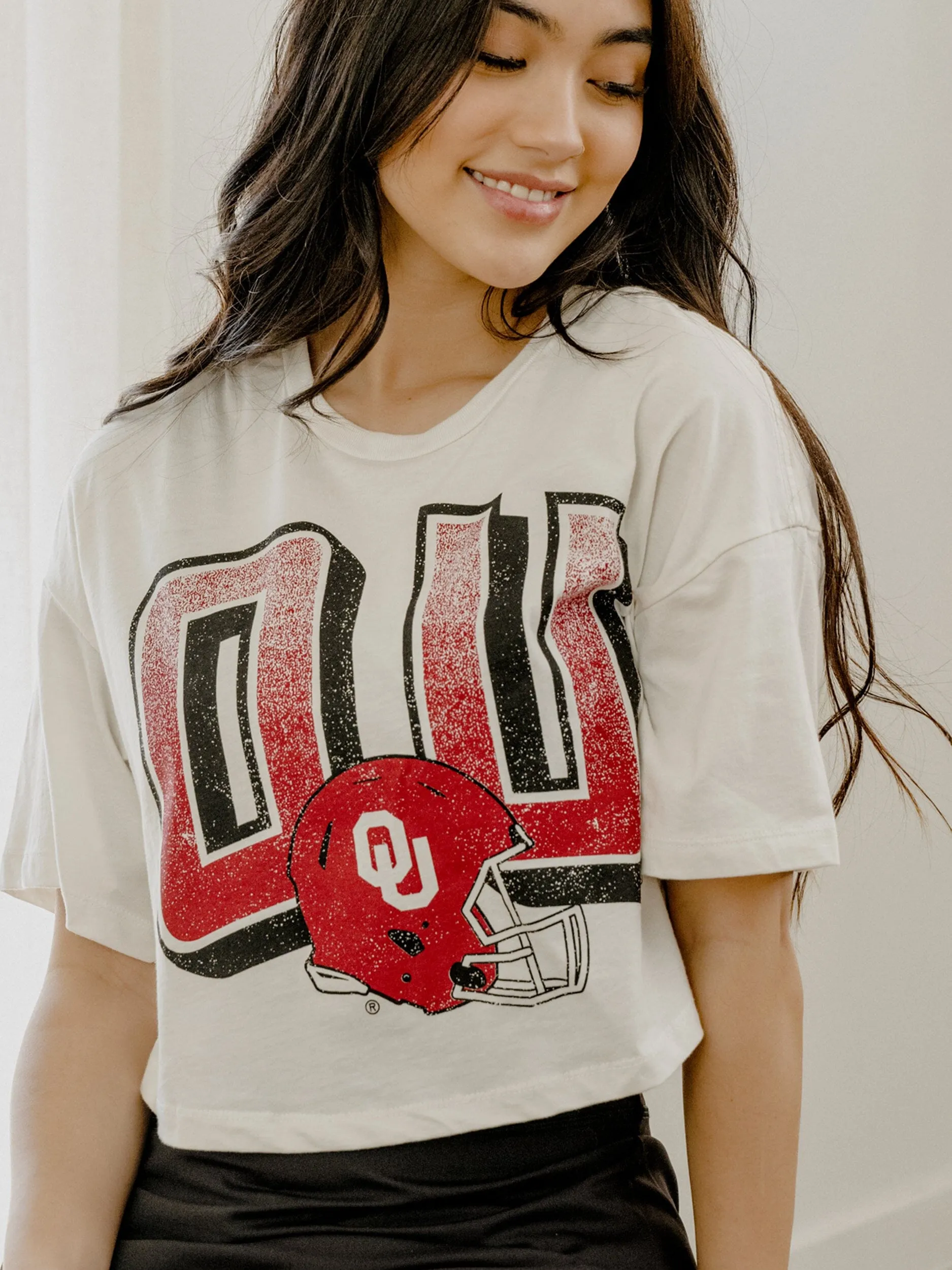 OU Sooners Helmet Fade Off White Cropped Tee