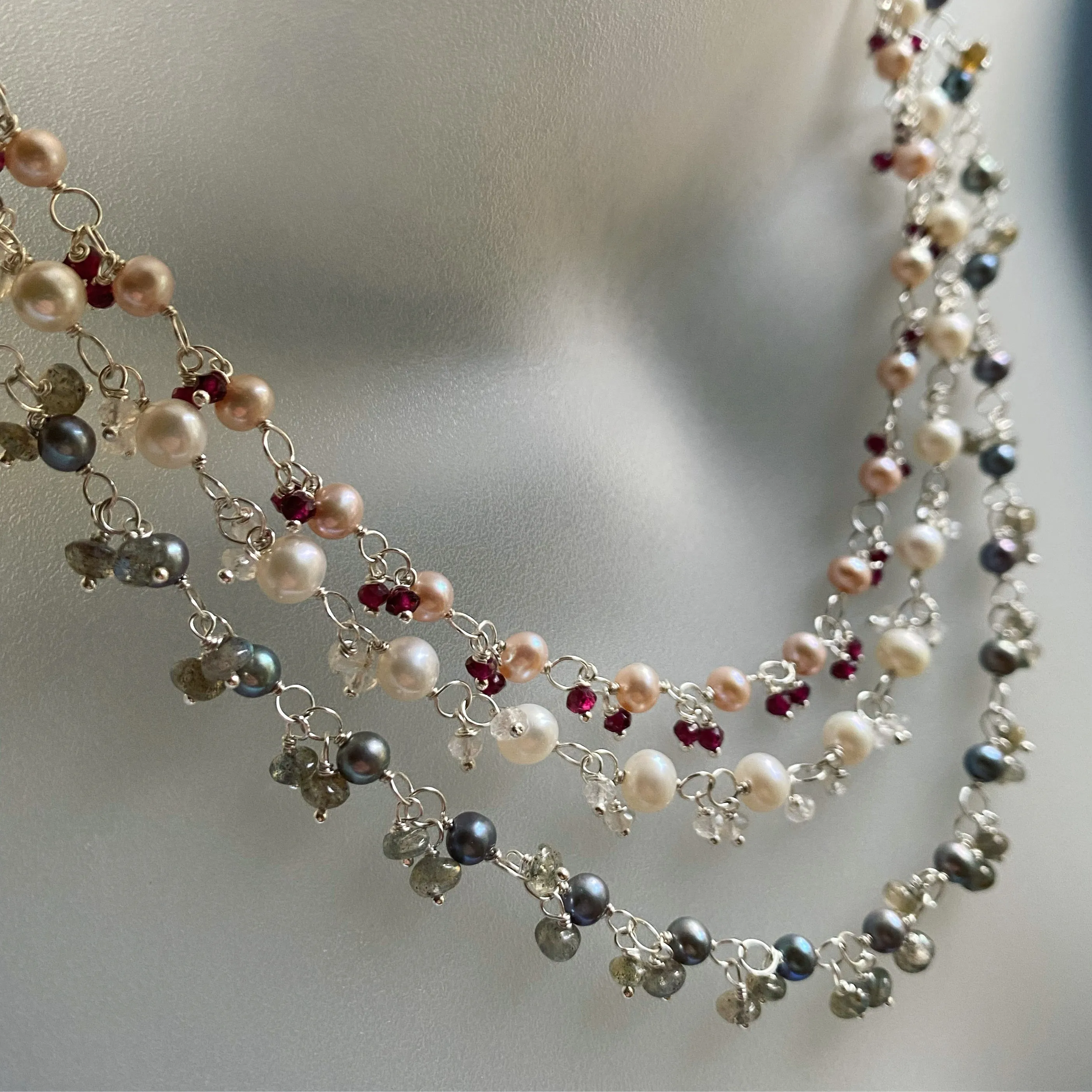 Pink pearl and garnet cluster chain necklace