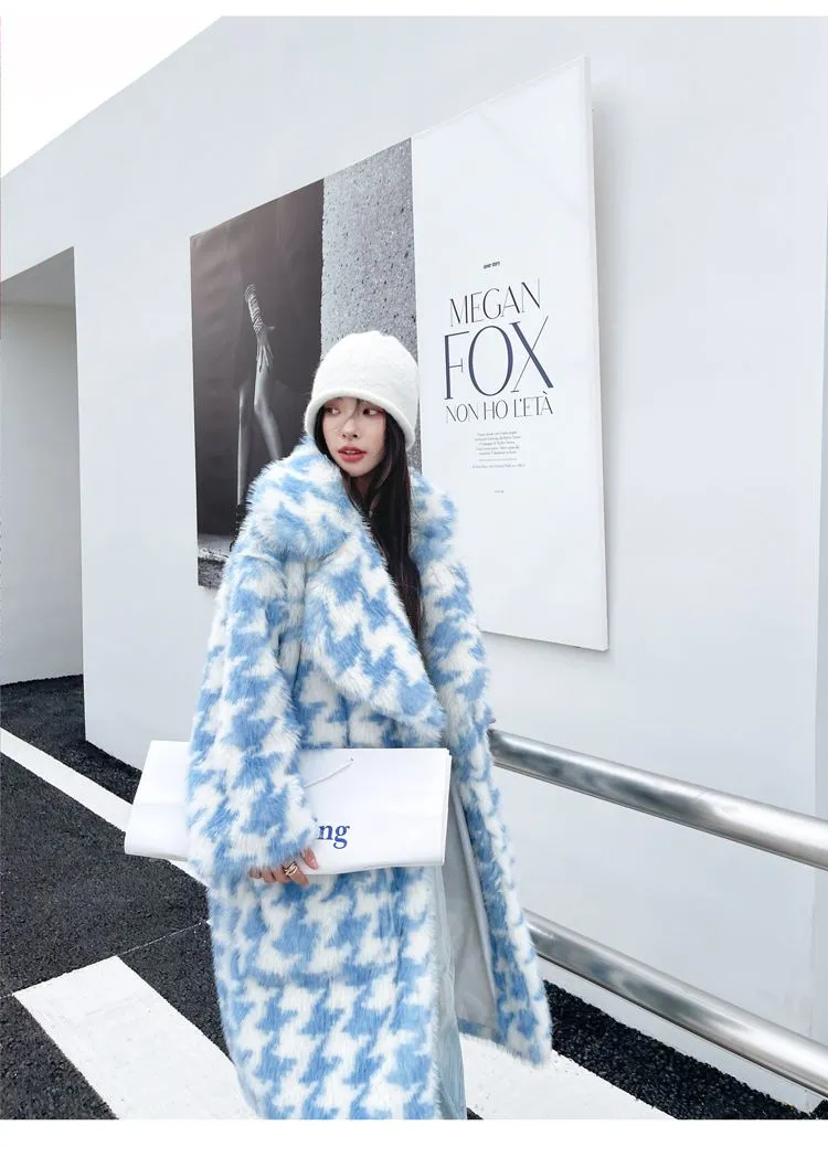 Queenie Oversize Houndstooth Fur Coat