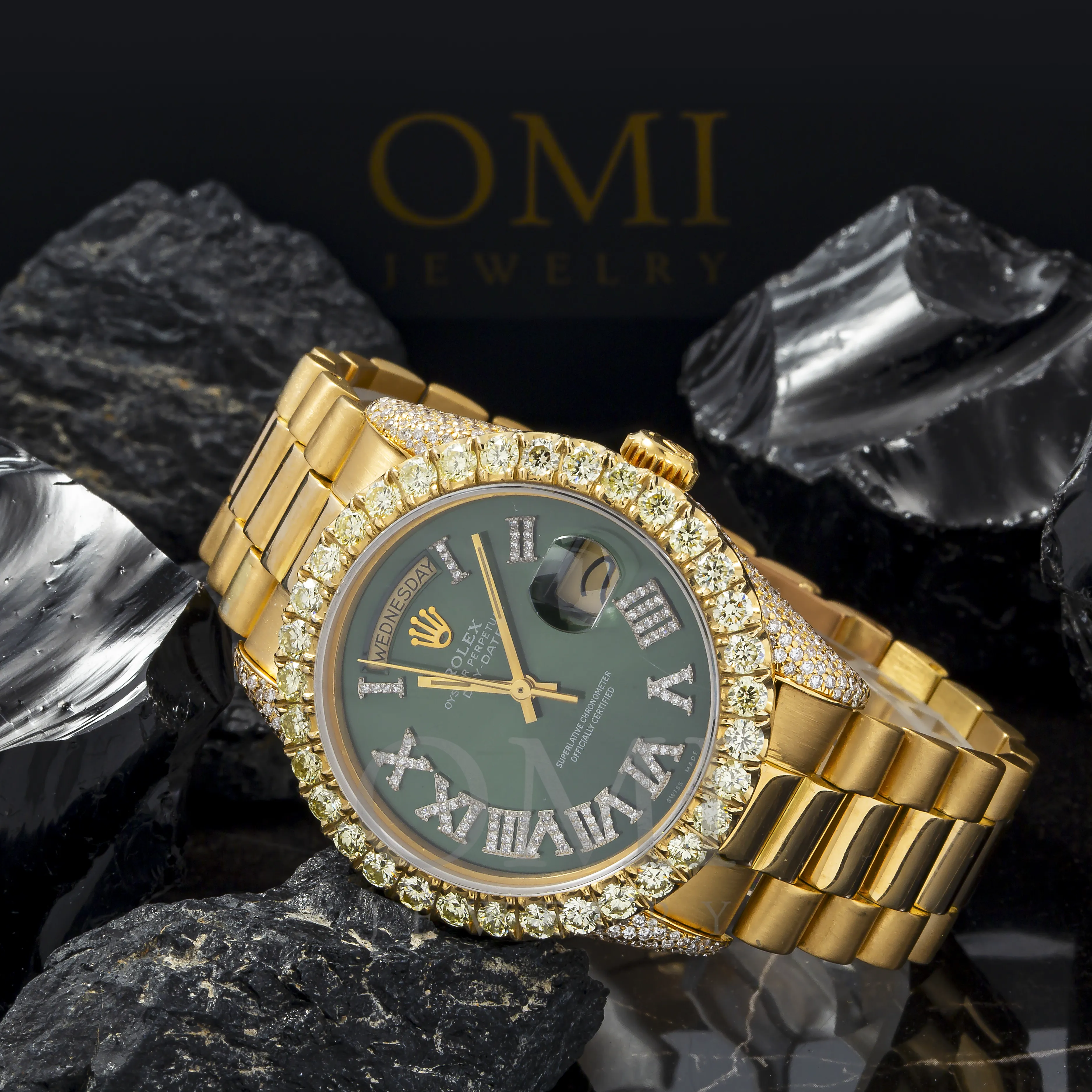 Rolex Day-Date 18038 36MM Green Diamond Dial And Bezel With Yellow Gold Presidential Bracelet 17.50 CT