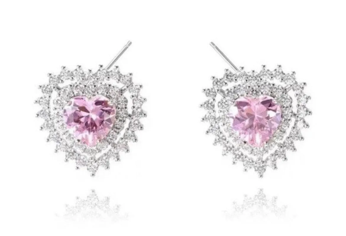 Silver Plated Pink Cubic Zirconia Double Heart Studs