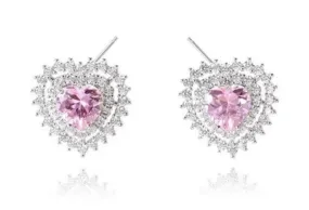 Silver Plated Pink Cubic Zirconia Double Heart Studs