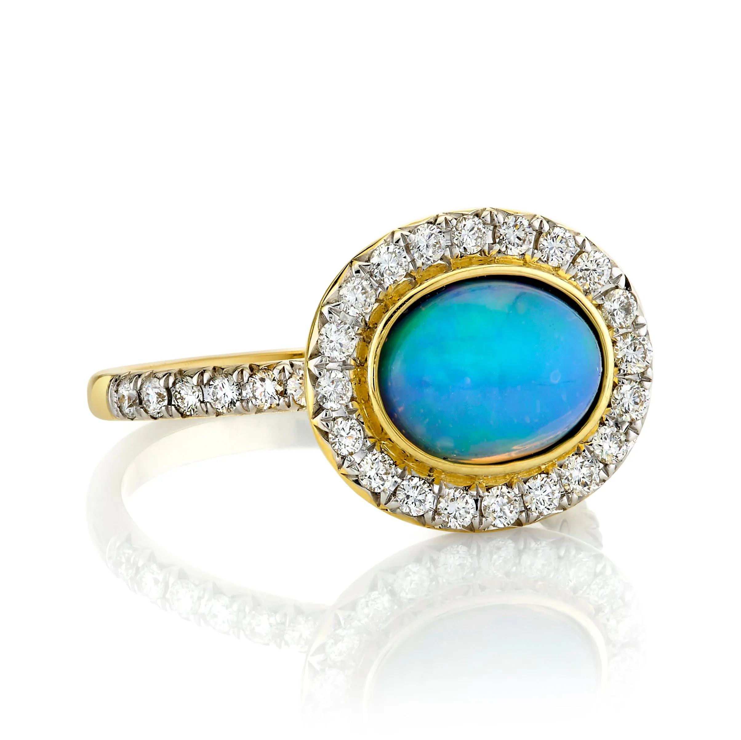 SLOANE STREET 18K YELLOW GOLD ETHIOPIAN OPAL AND DIAMOND HALO RING