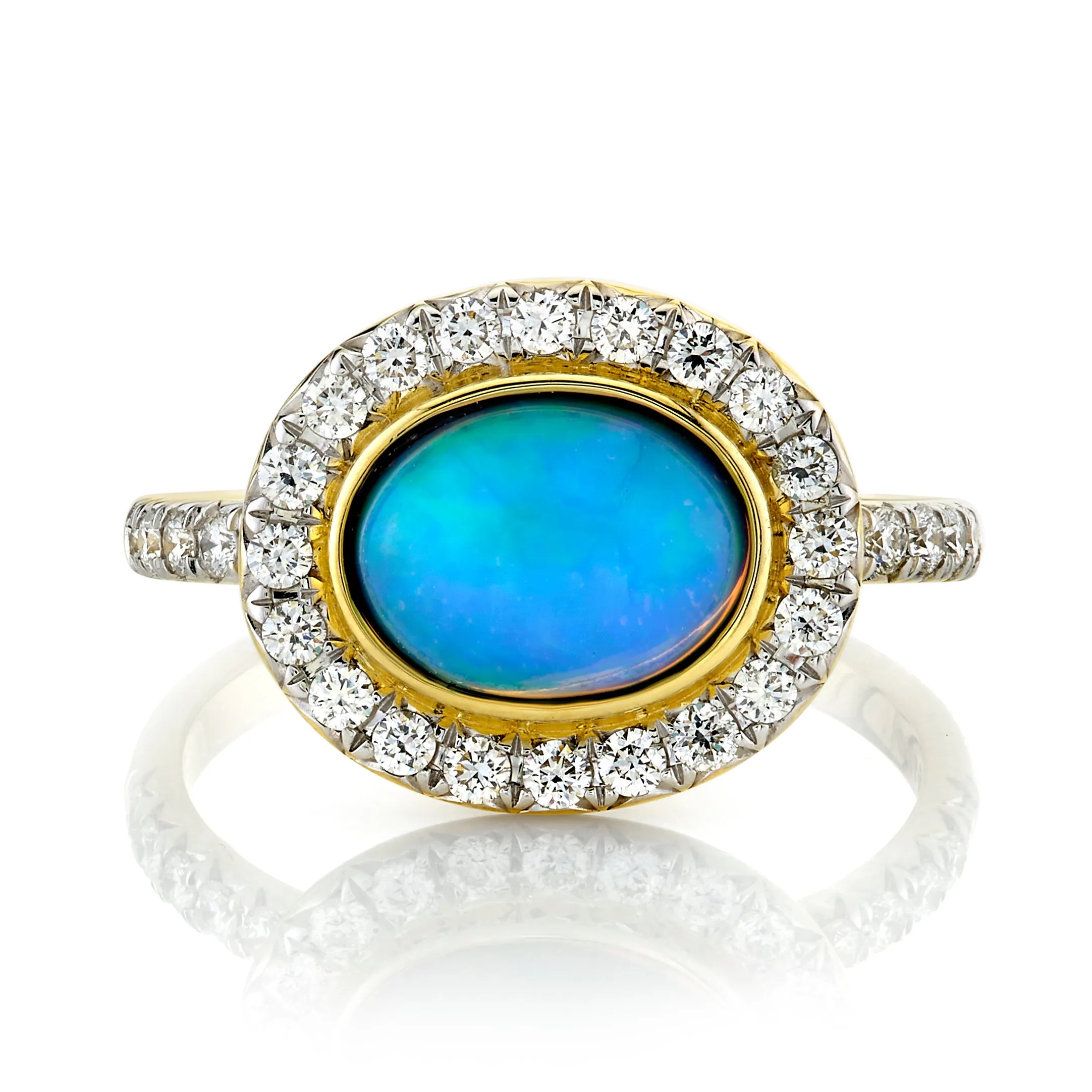 SLOANE STREET 18K YELLOW GOLD ETHIOPIAN OPAL AND DIAMOND HALO RING