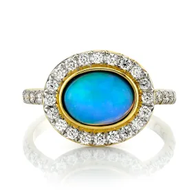 SLOANE STREET 18K YELLOW GOLD ETHIOPIAN OPAL AND DIAMOND HALO RING