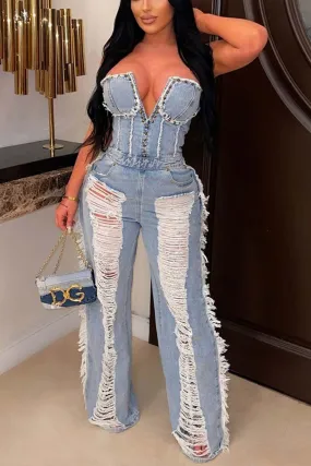 Step Back Distressed Denim Jumpsuit - Light Blue